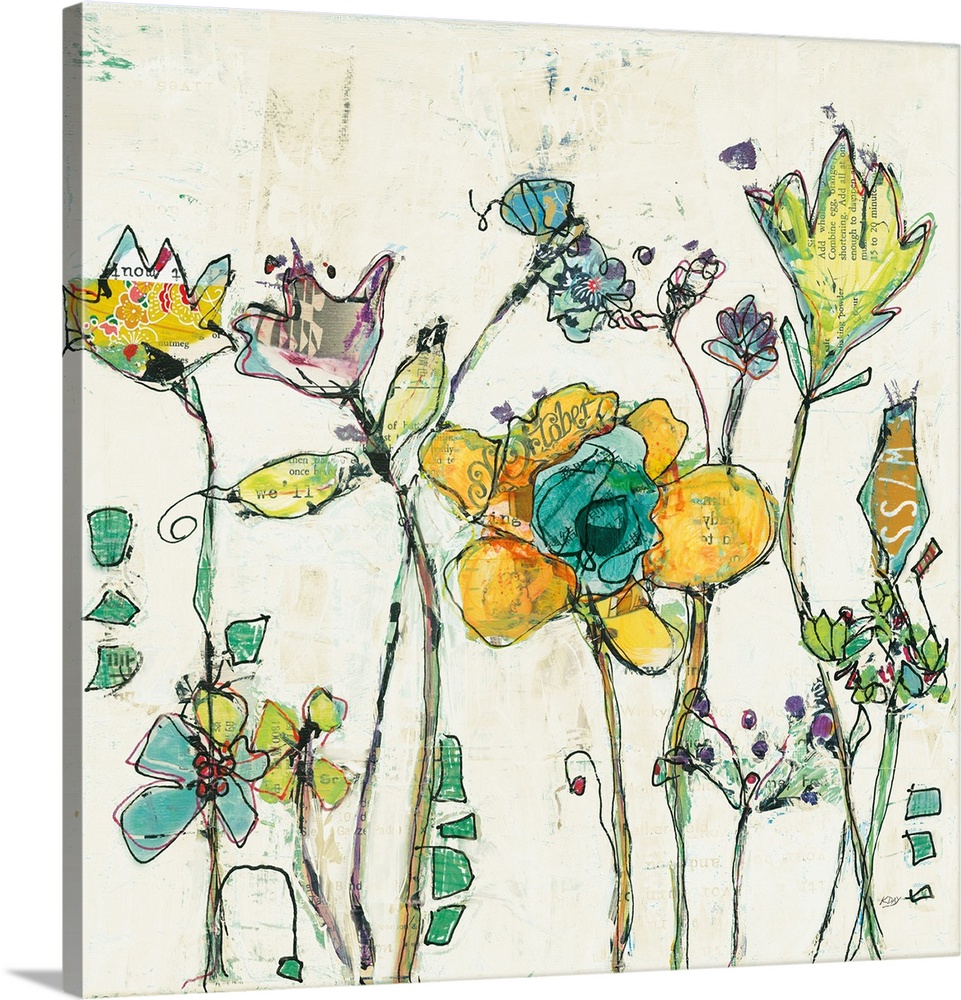 Decorative artwork featuring illustrative flowers that are adorned with cut paper.