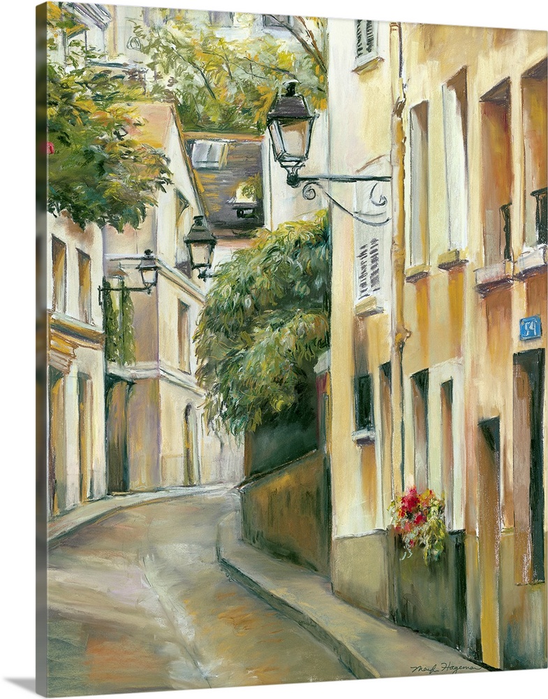 Painting of city alleyway that is lined with tall buildings filled with windows and flower pots.