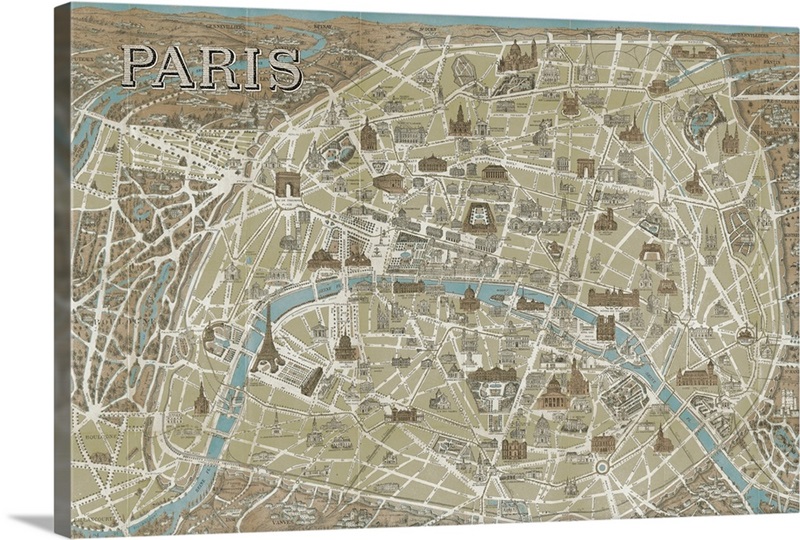 Monuments of Paris Map - Blue Wall Art, Canvas Prints, Framed Prints ...