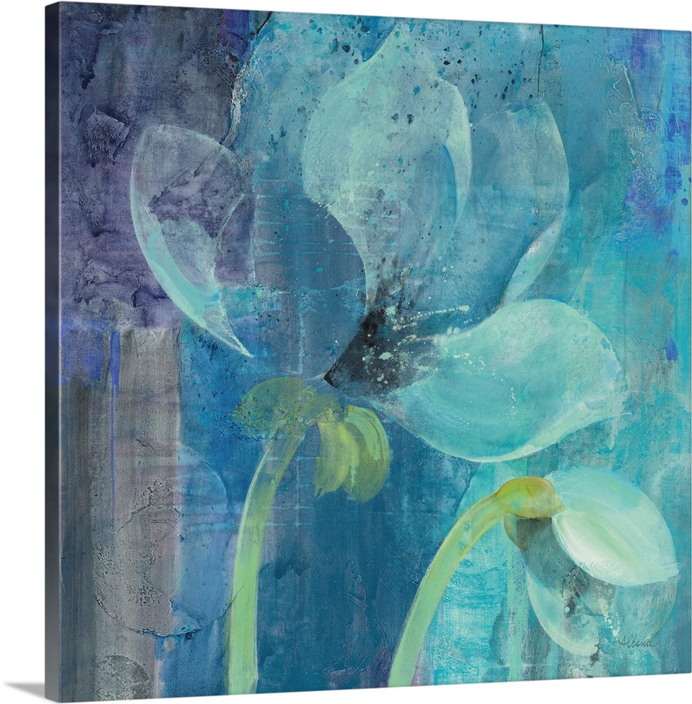 A square decorative design of blue flowers with a textured overlay.
