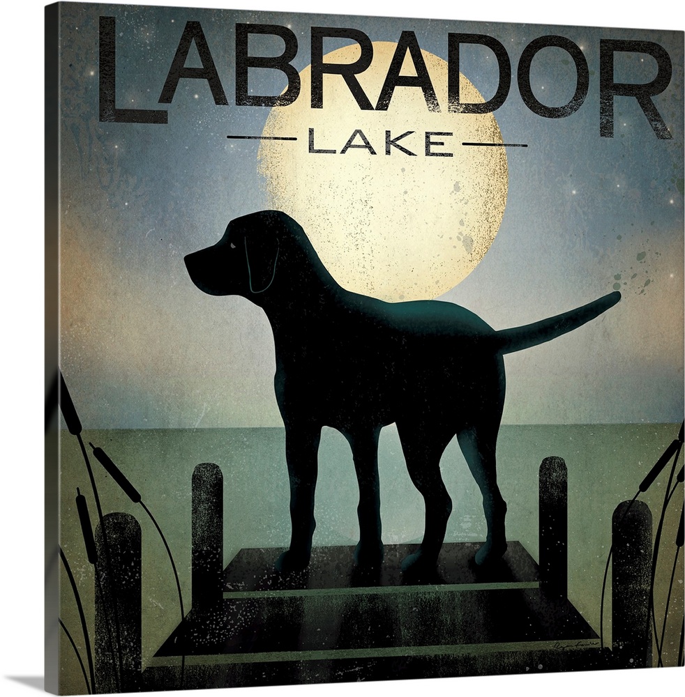 Big illustration shows a dark canine standing alone on the dock of a lake surrounded by a few cattails on either side of i...