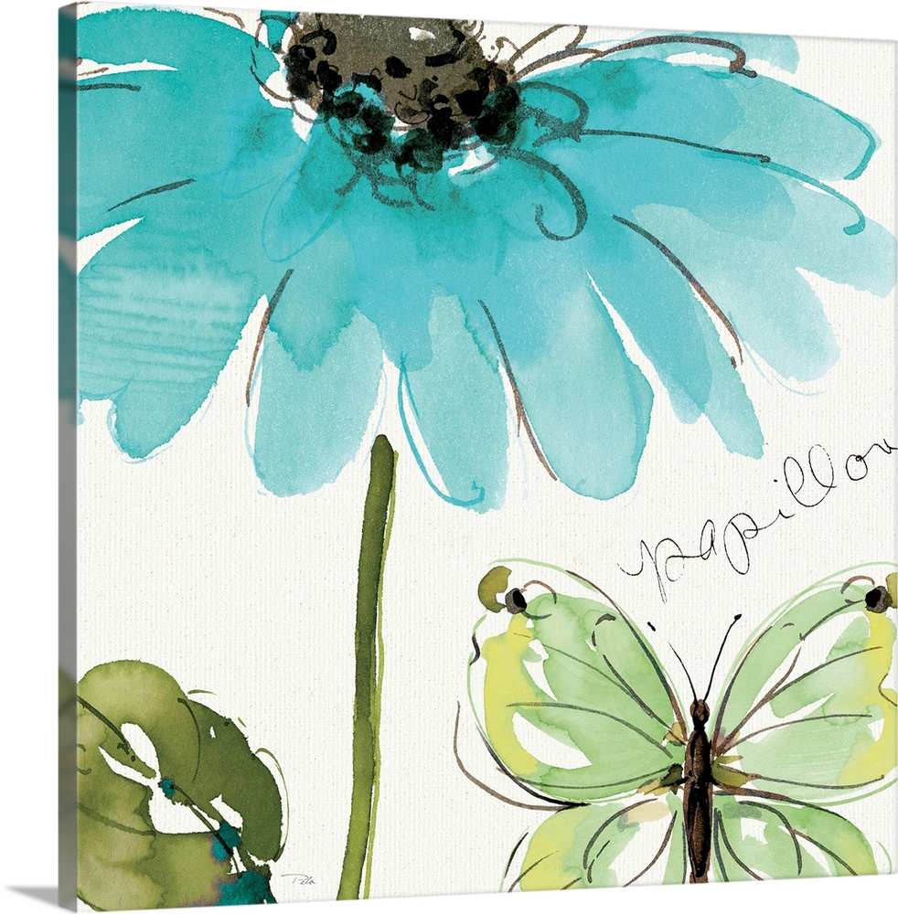 This decorative accent is a pen and ink drawing of a daisy, leaf, butterfly, and the hand written word oPapillono.
