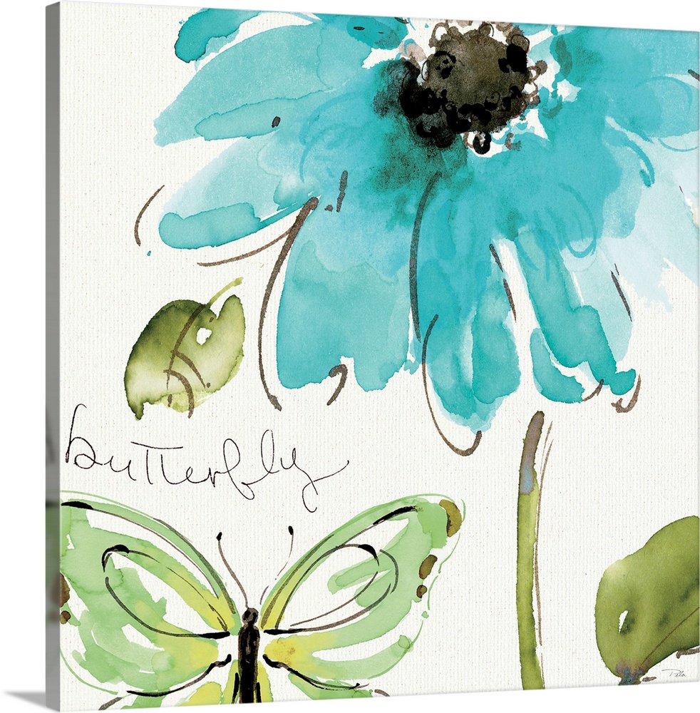 Docor perfect for the home of a delicate painted blue flower and a butterfly painted in the bottom left hand corner.