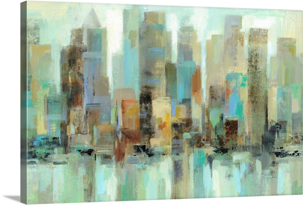 Contemporary painting of a city skyline in green and blue tones.