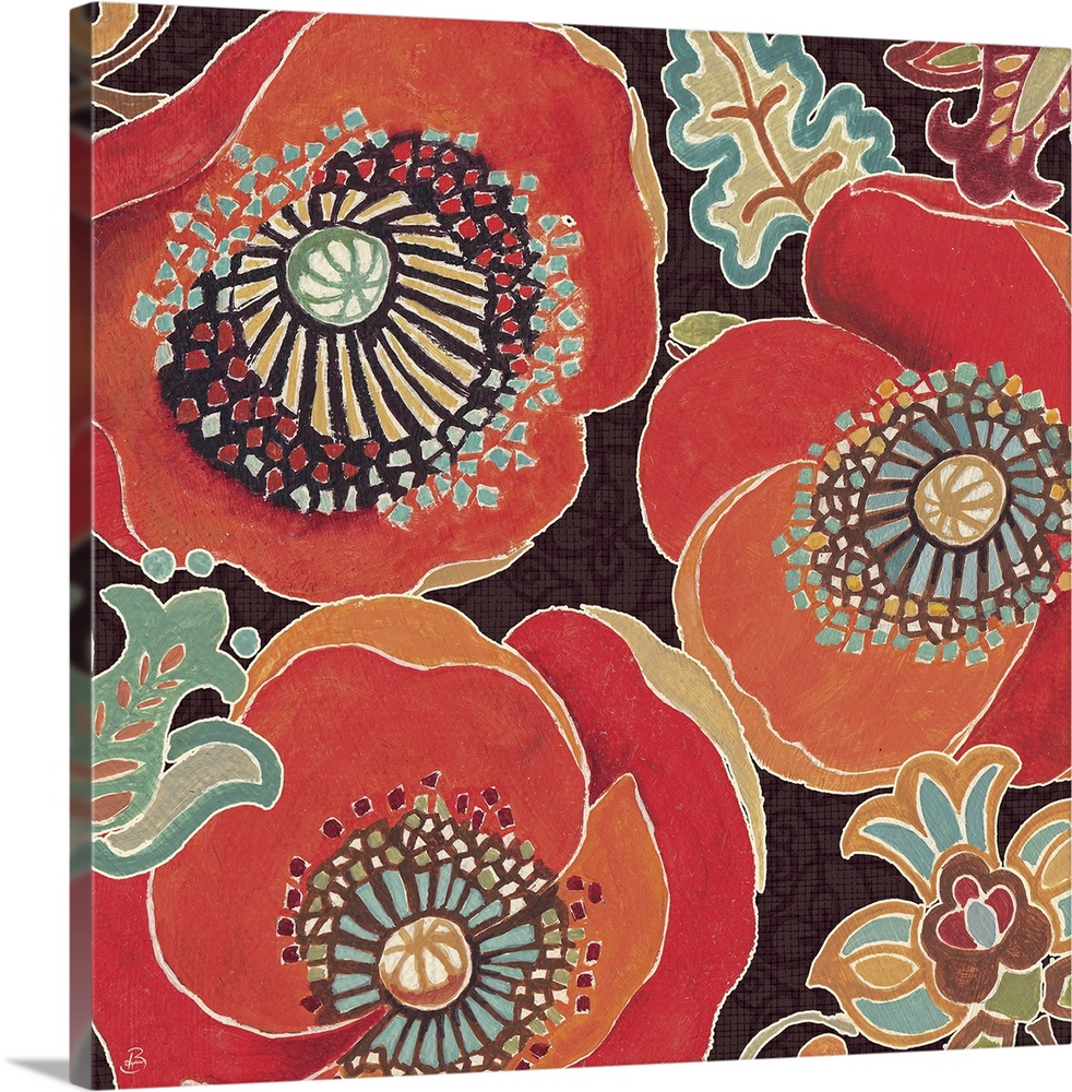Large, square contemporary art of several big Poppy flowers in warm tones, surrounded by smaller floral designs and leaves.