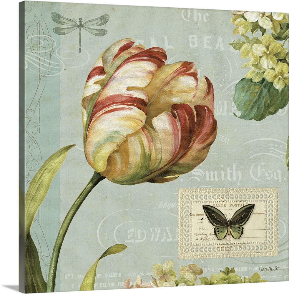 A decorative collage panel containing a tulip, hydrangeas, and a butterfly, with antique text and flourishes.