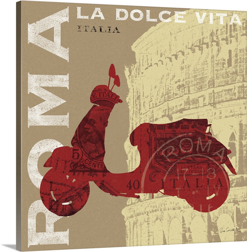 Retro artwork of a red Vespa printed over the famous coliseum in Italy. "ROMA" is printed in bold white text going vertica...