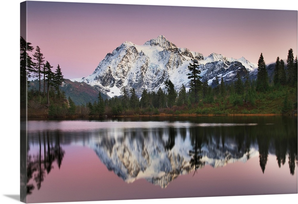 Photograph of alpenglow over Mount Shuksan (9131 feet, 2783 meters) seen from Picture Lake, Heather Meadows Recreation Are...