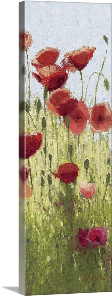 This large vertical piece is a painting of red poppy flowers sprouting from green foliage.