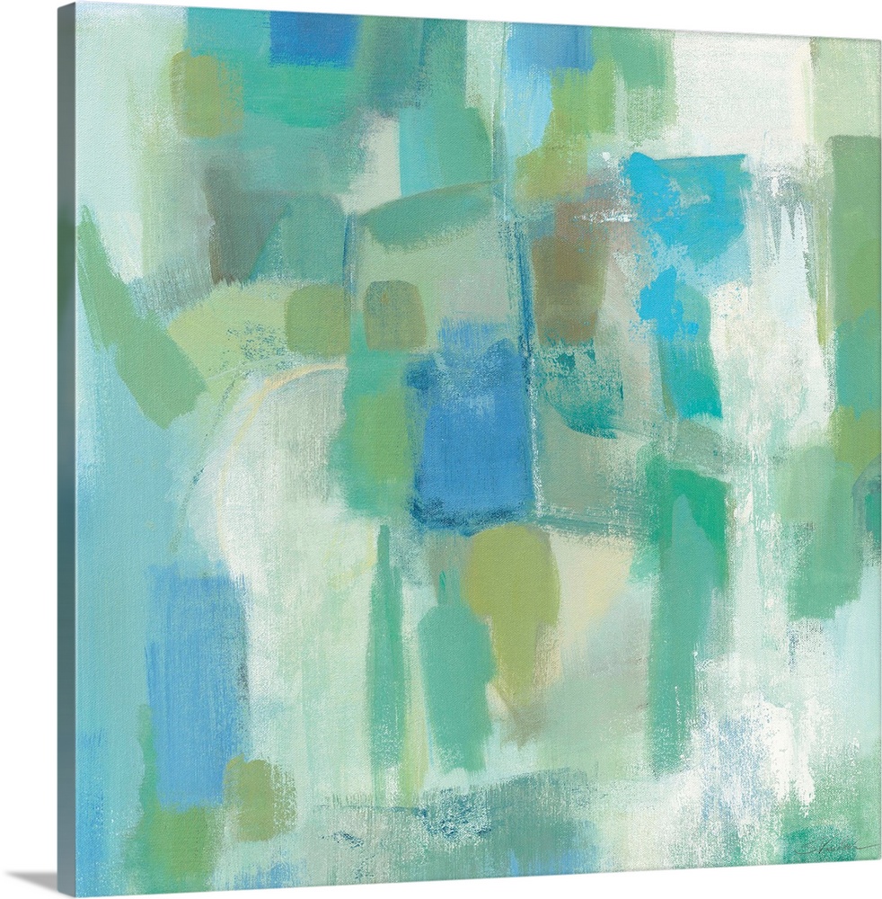 Contemporary abstract painting in pastel blue shades.