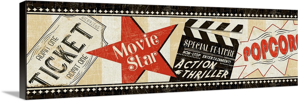 This vintage style artwork has a film strip appearance with an old fashioned ticket, popcorn sign and movie star symbol.