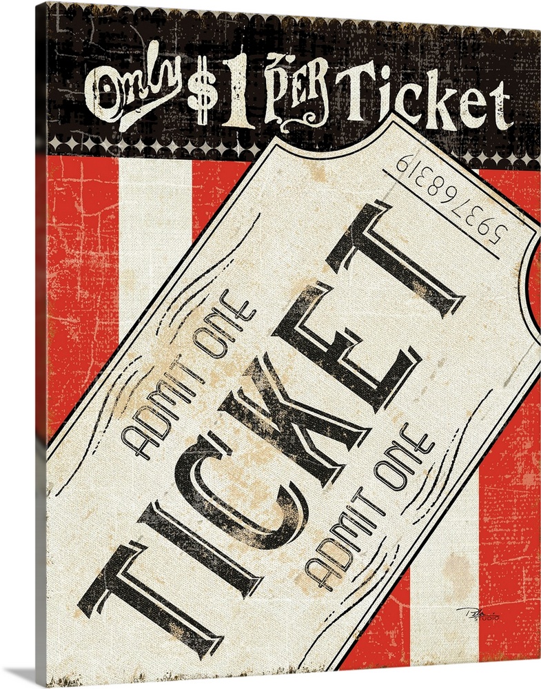 This piece is artwork of a vintage style movie ticket with a red and white striped background.