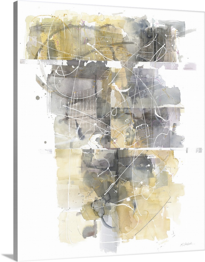 Large busy abstract painting in shades of grey and yellow.