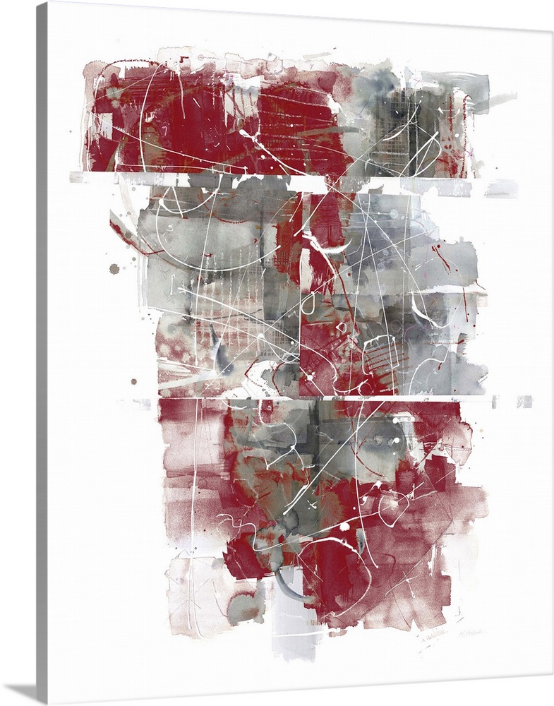 Large abstract painting with gray and red hues layered on top of each other and thin, squiggly, white lines on top.