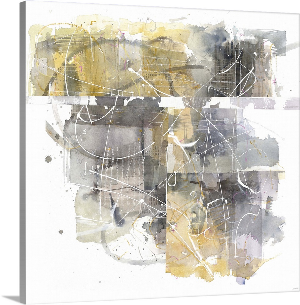Busy square abstract painting in shades of yellow and grey on a white background.