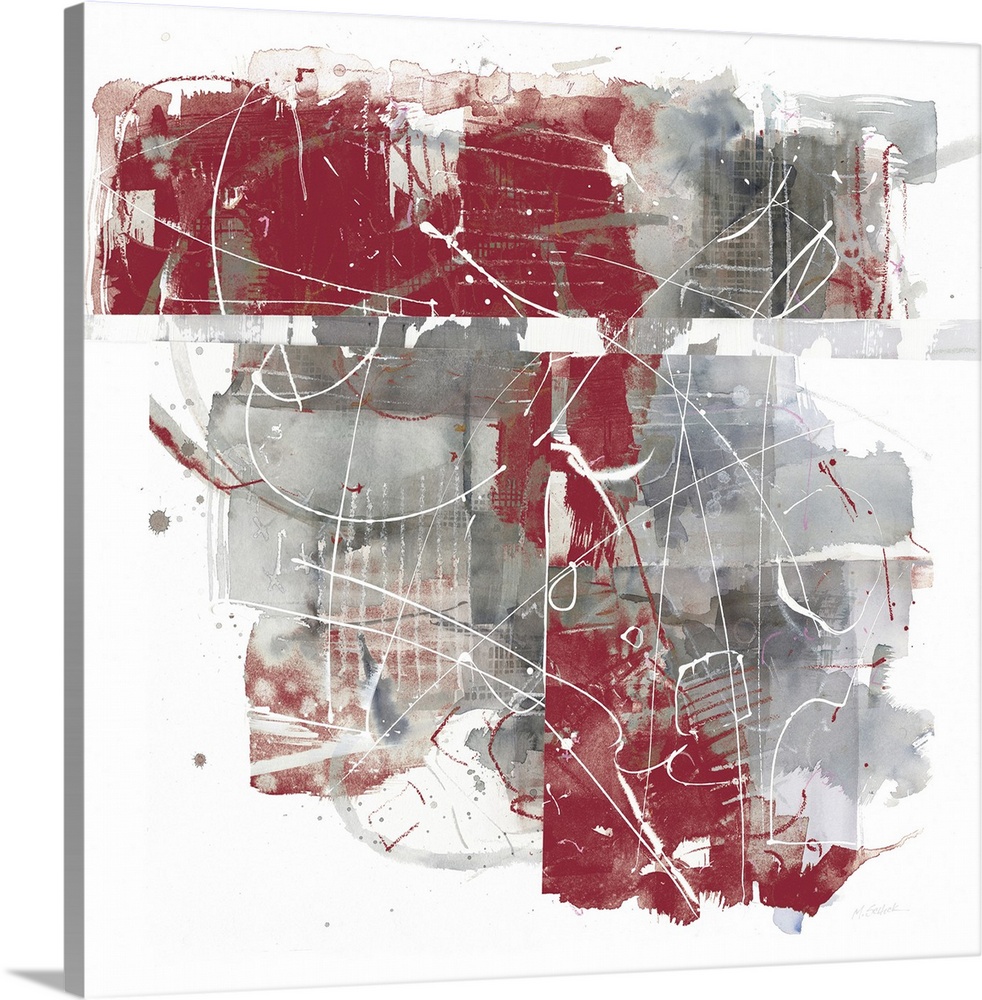 Square abstract painting using grey and red hues with thin, white lines all over the top.