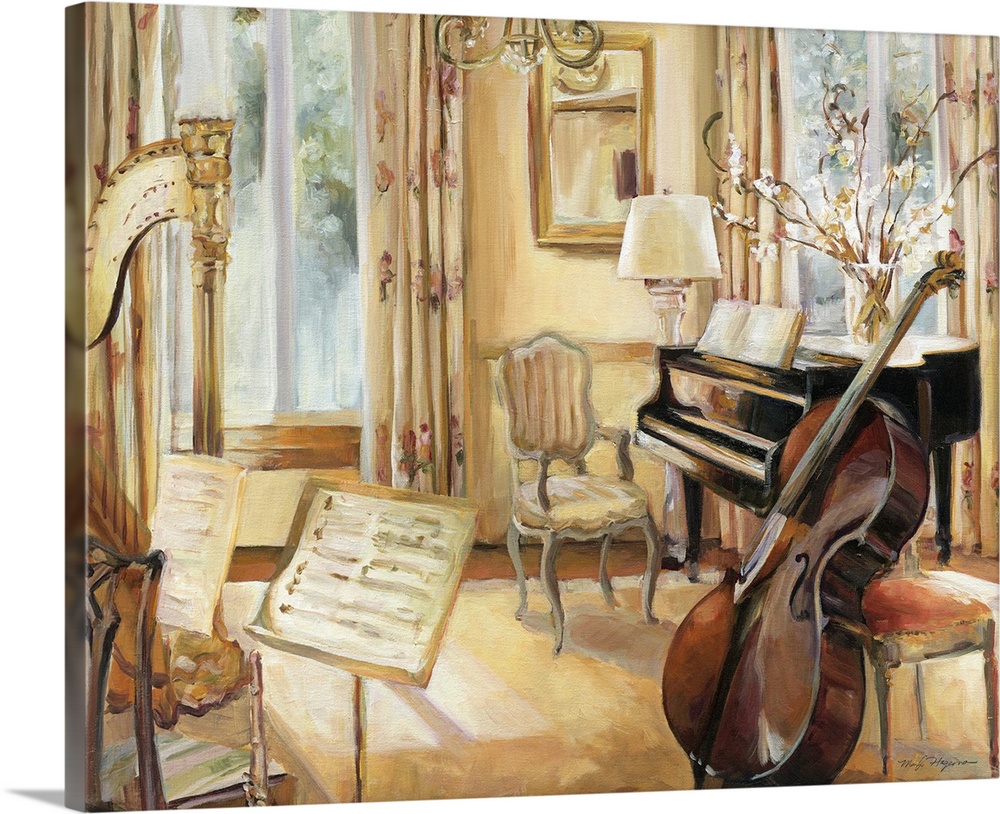 Painting of living room used for practicing music.  There is a piano, cello, flute, and harp in the room.
