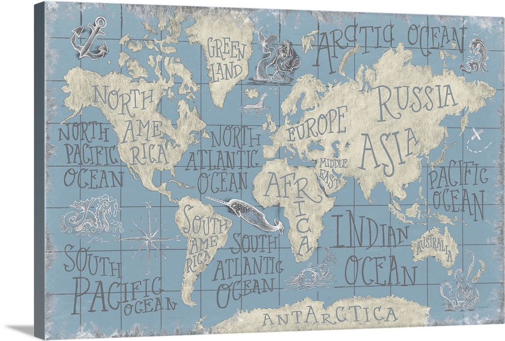 Decorative artwork of a vintage stylized maps with different parts labeled in a serif font.