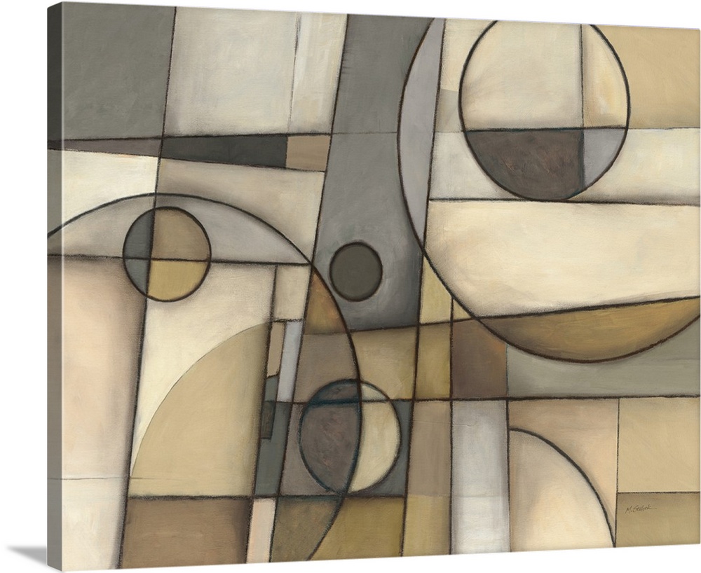 Abstract cubism style painting in neutral colors with geometric shapes.