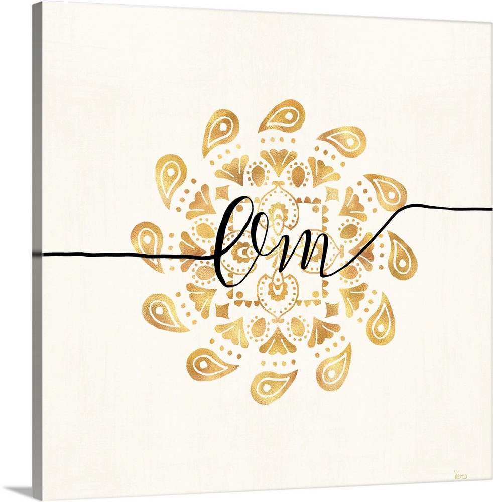 Shiny gold mandala on a neutral background with the word "Om" written through the center.
