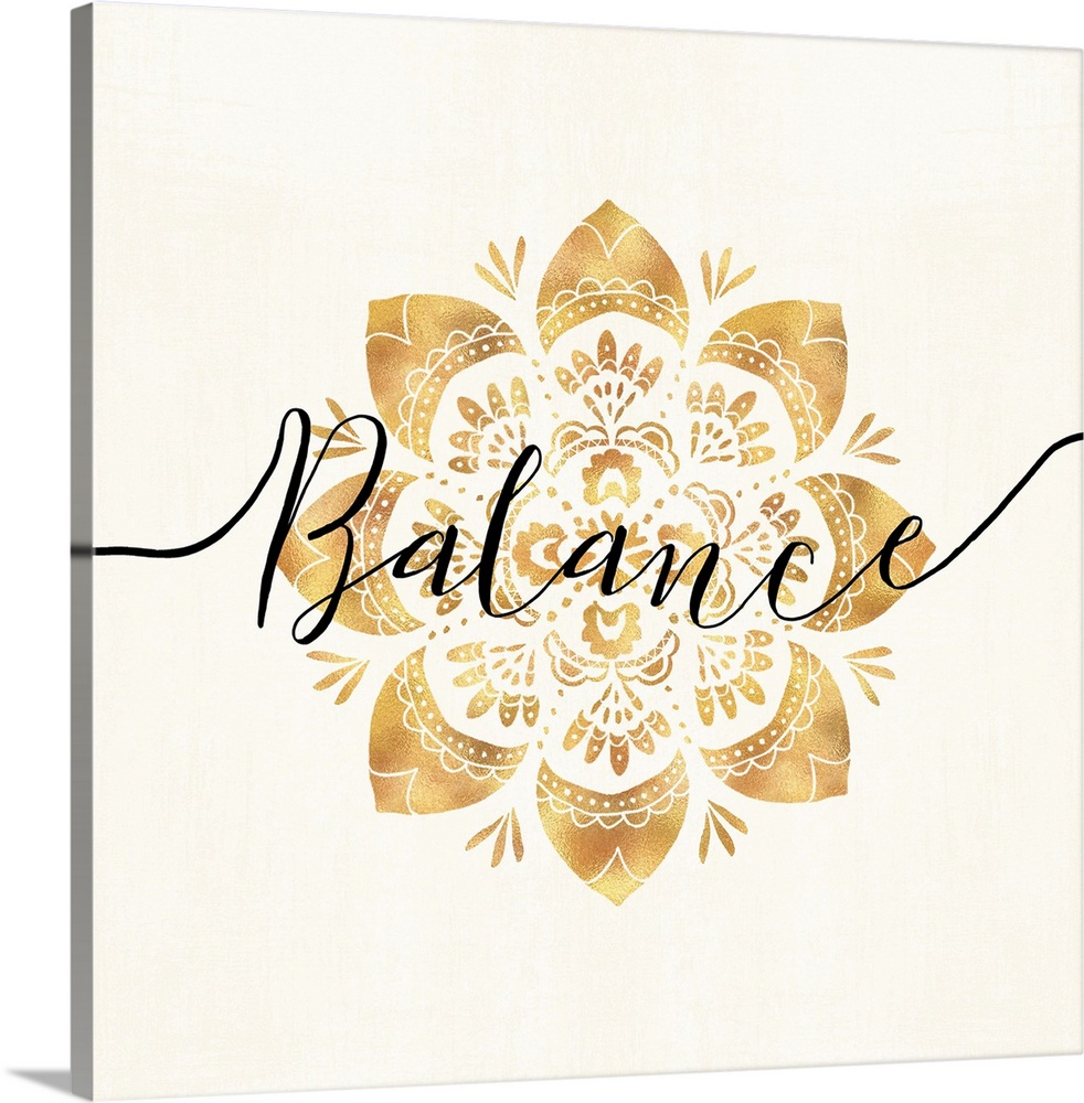 Shiny gold mandala on a neutral background with the word "Balance" written through the center.