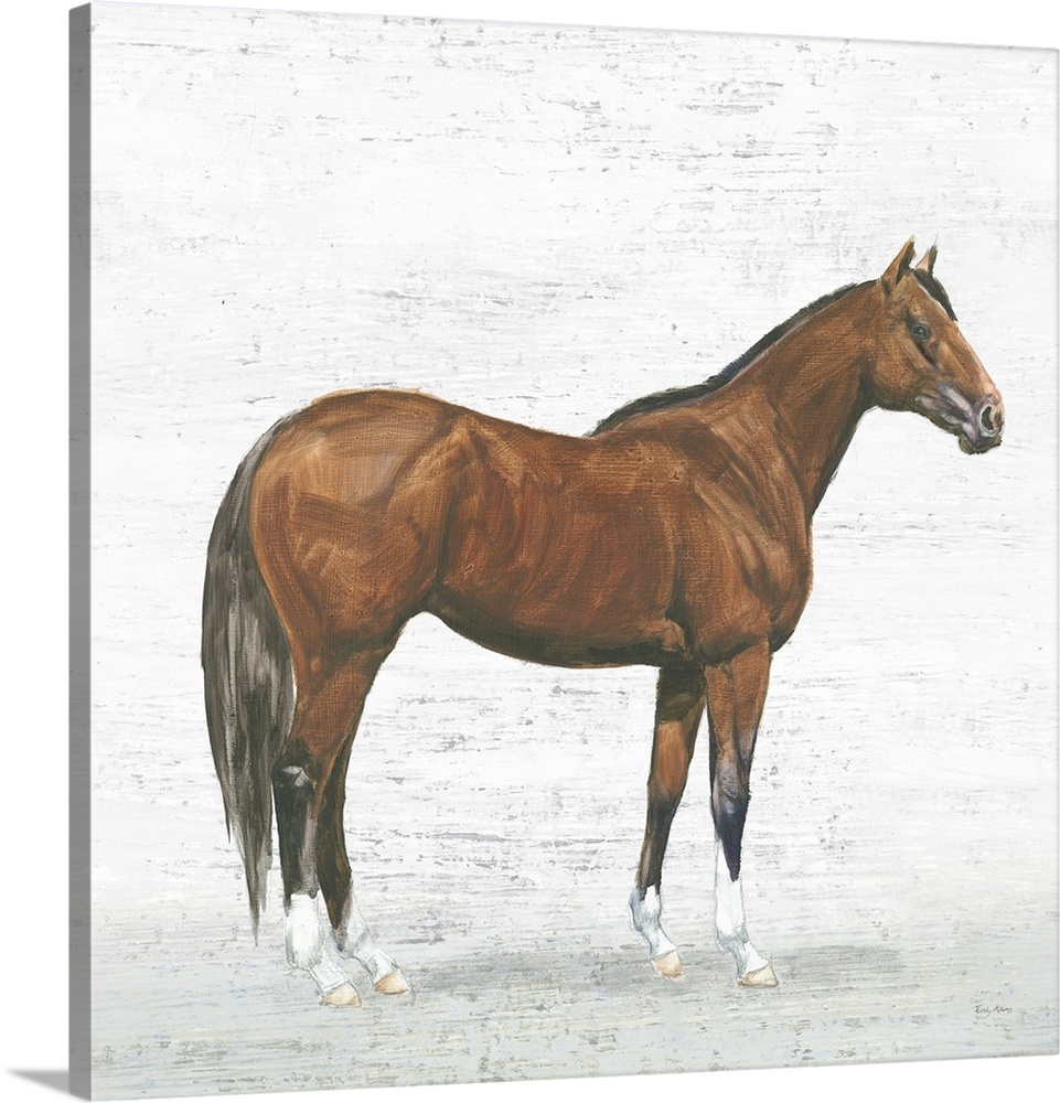 Square painting of a dark brown horse on a textured white and gray background.