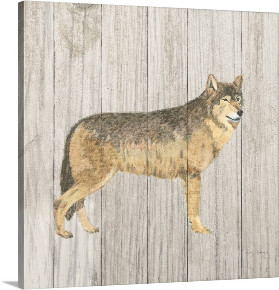Square painting of a wolf on a distressed white and gray wooden panel background.