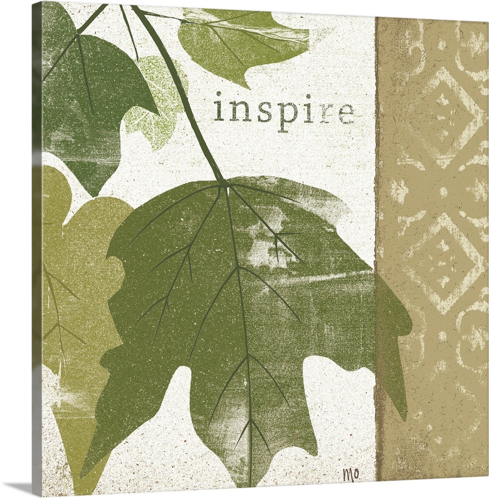 Textured leaves on a patterned background with the word inspire towards the top.