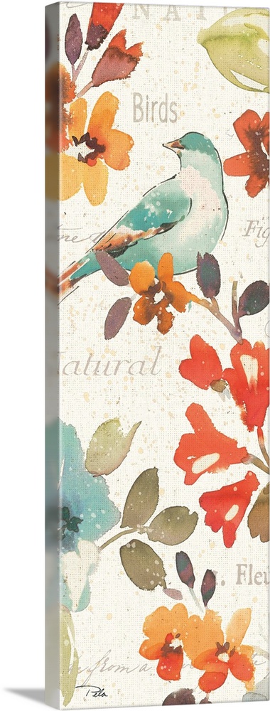 Contemporary watercolor artwork of flowers and a bird, against a beige background with text.