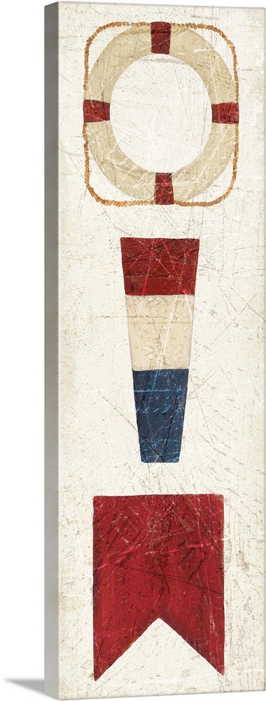 Vertical painting of three nautical elements, including two flags and a lifesaver.