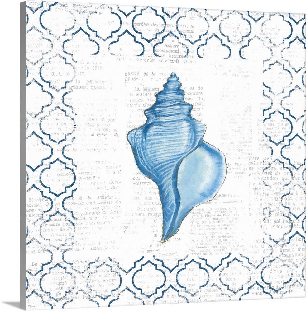 Contemporary home decor artwork of a blue sea shell against a blue and white patterned background.
