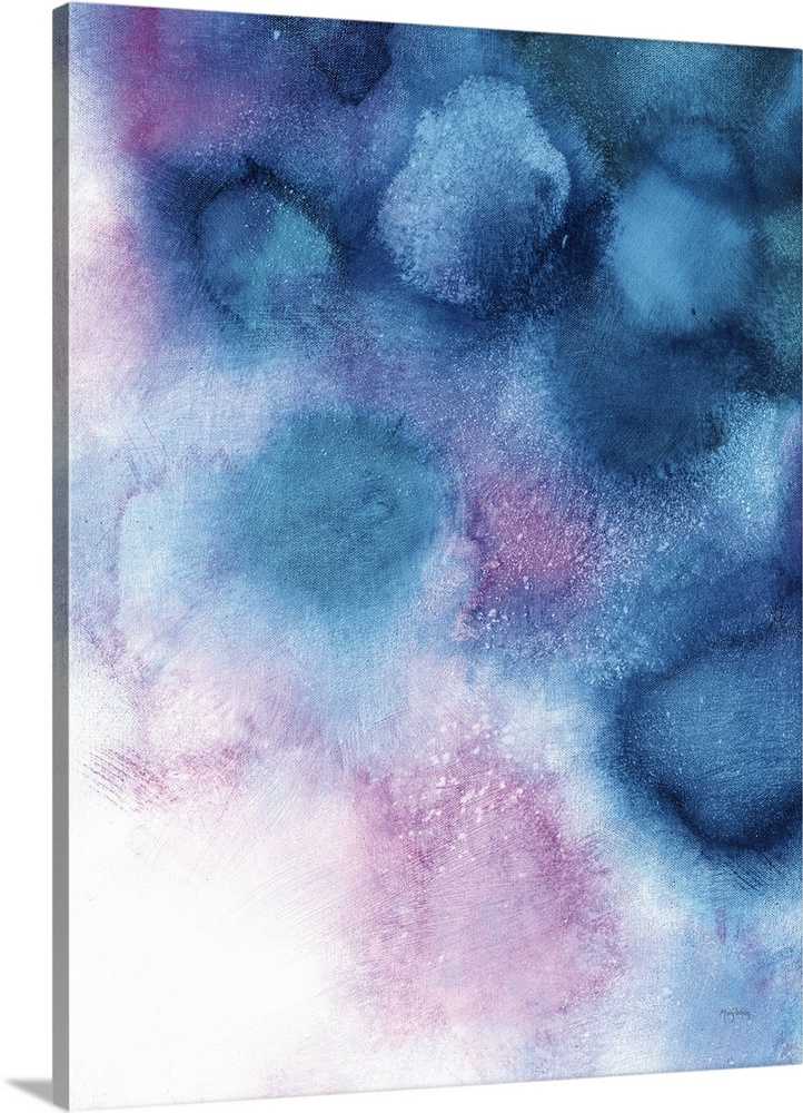 Large abstract painting in blue and purple tones representing space nebula on a white background.