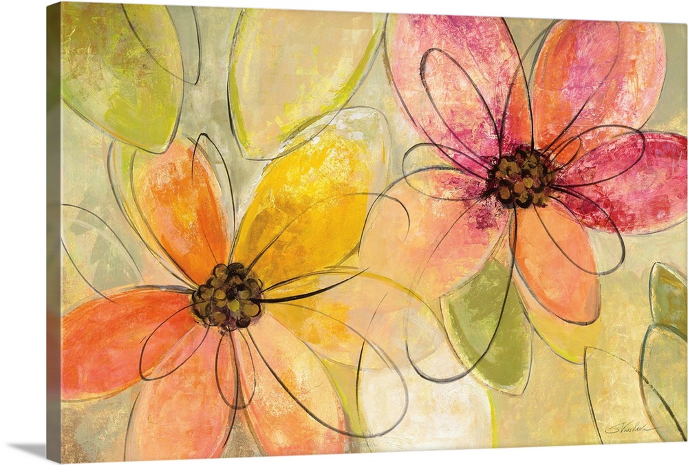 Abstract painting of pink, orange, and yellow flowers with black loopy outlines.
