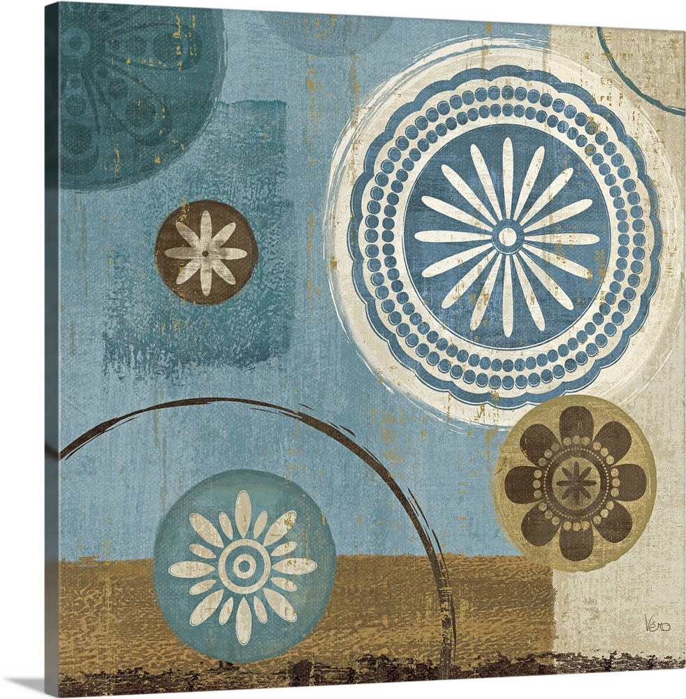 Large wall picture with a hint of a traditional design with circular flower shaped designs mixed with a rectangular backgr...
