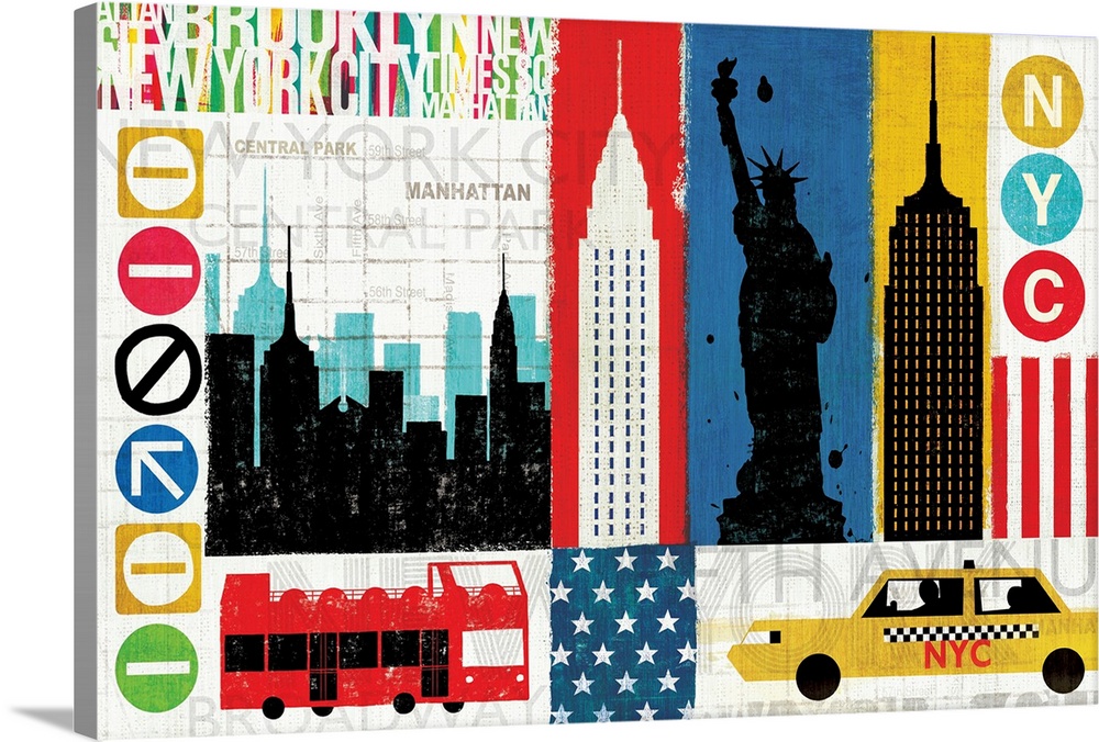 Big, horizontal wall hanging of brightly colored images, sectioned by rectangles, representing New York City.  Artistic il...