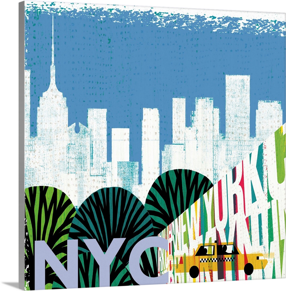 Graphic art with the New York City skyline in the background and colorful illustrations in the foreground including trees,...