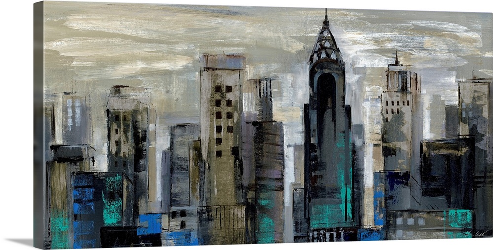 A wide cityscape painting of New York City in abstract; the buildings were created in fast, dark brush strokes to contrast...