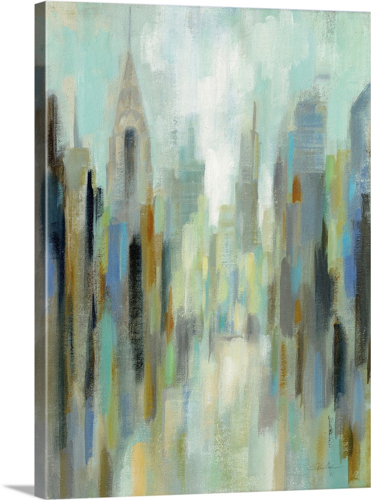 Abstract painting of a New York City cityscape with the Chrysler building on the left.