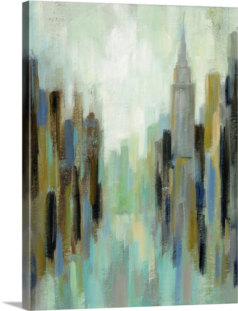 Abstract painting of a New York City cityscape with the Empire State building on the right.