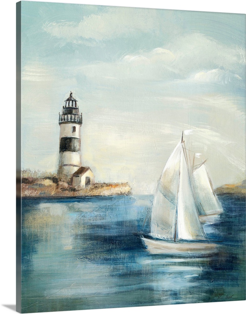 Contemporary painting of an idyllic coastal scene, with a lighthouse in the background and a sailboat in the foreground.