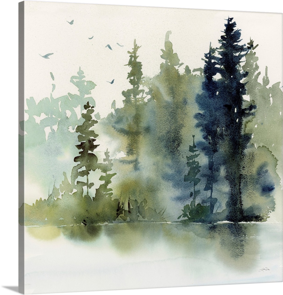 An abstracted contemporary watercolor painting of tall evergreen trees in a misty forest with a lake in the foreground