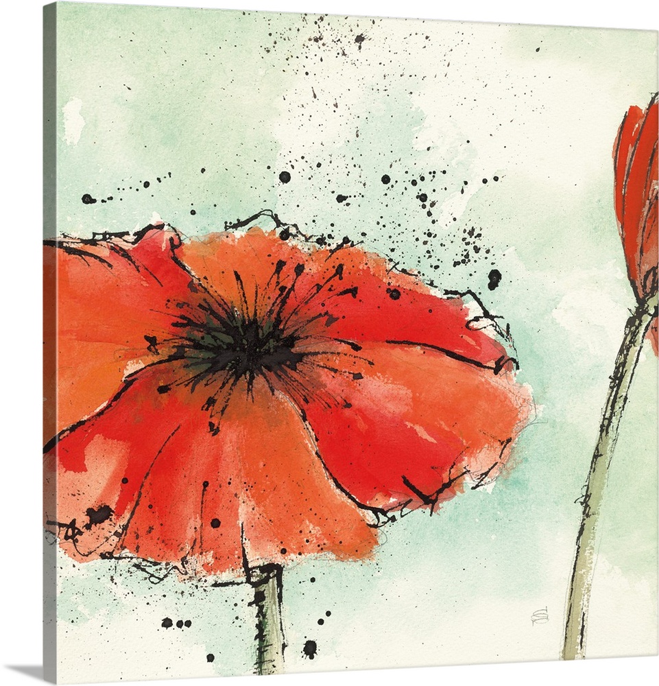 Square watercolor painting of a red poppy flower on a green and white watercolor background with black paint splatter.