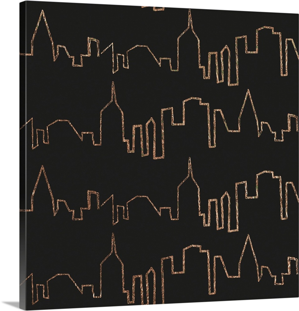A square design of rows made from outlines of skyscrapers in gold on a black background.