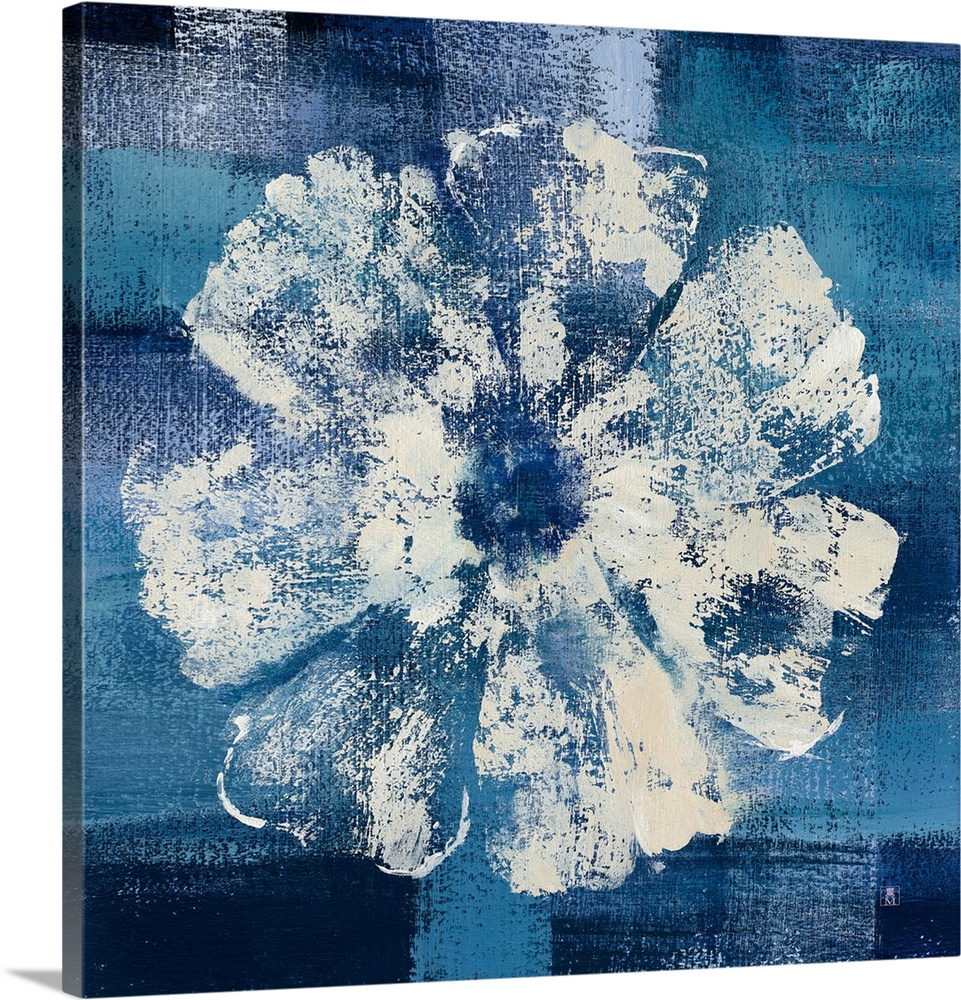 Square decor with a painting of a single white flower on a background made with shades of blue.