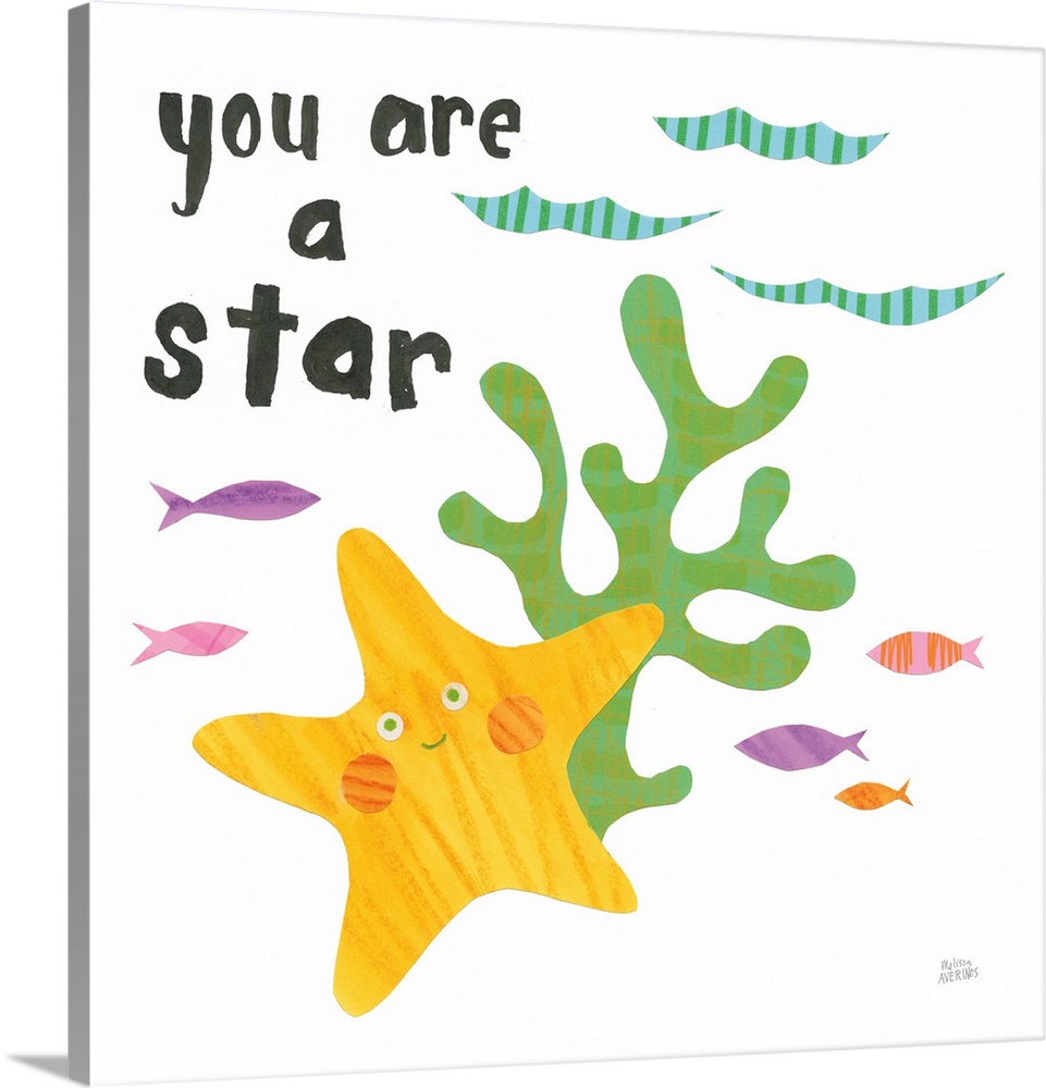 "You Are a Star" written in black above a starfish, seaweed, and fish in the ocean, made from individual cut out pieces an...