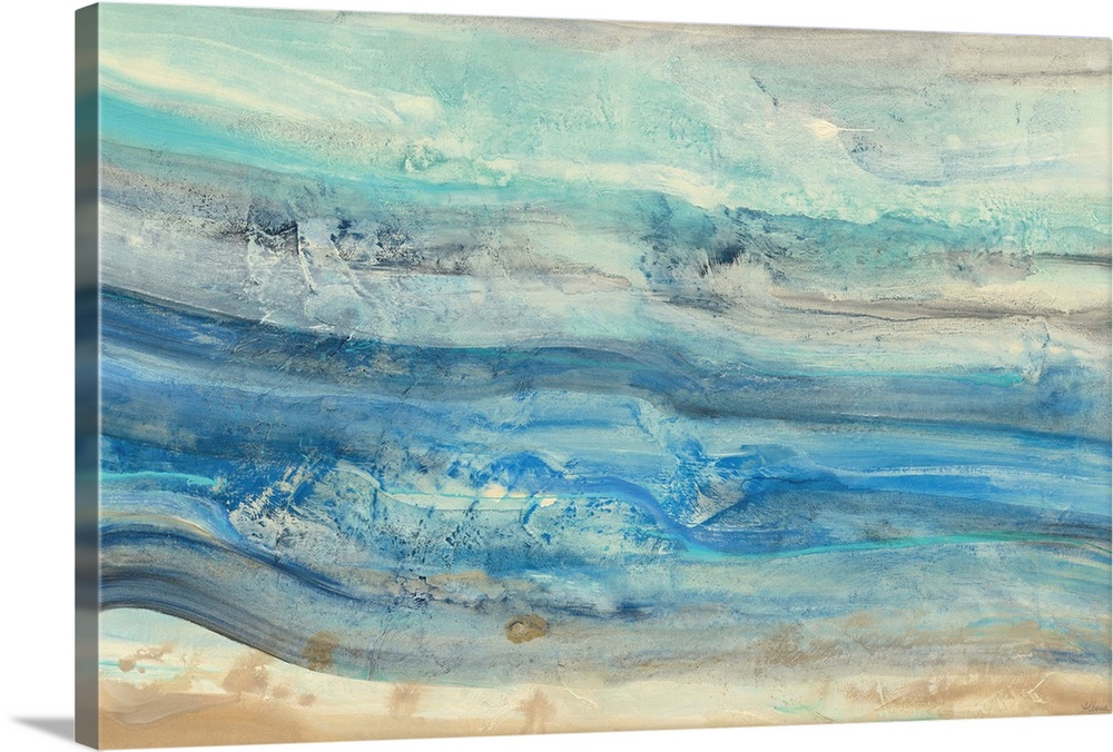 Contemporary painting with flowing long horizontal brushstrokes in different shades of blue representing ocean waves.