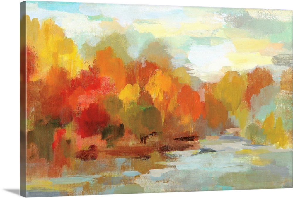 Abstract painting of Fall trees and a blue sky made with short brushstrokes and many shades of color.