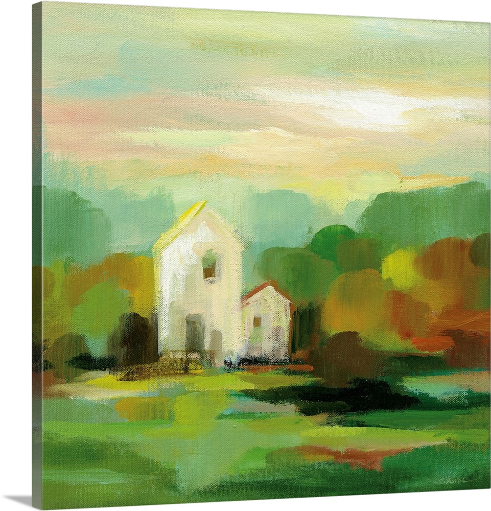 Contemporary landscape painting with a white barn house and Autumn colored trees.