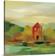 image thumbnail of Contemporary landscape painting with a red barn house and Autumn colored trees.