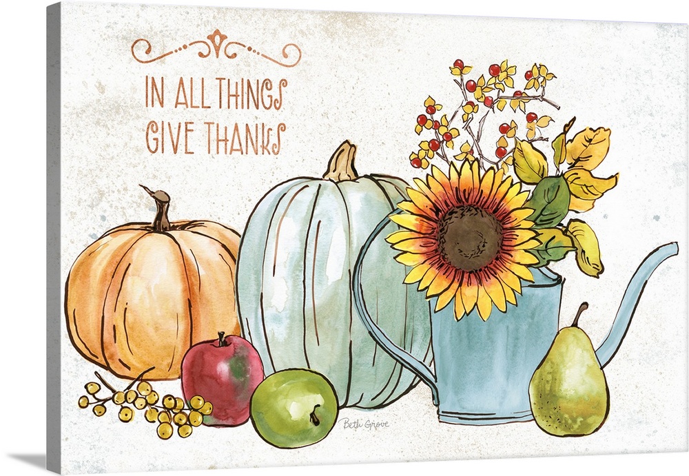 Decorative artwork of autumn themed items with the words, 'In all things, give thanks'.